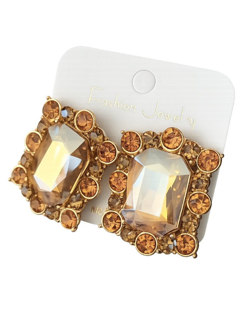 Large Retro Square Rhinestone Statement Stud Earrings Rose Gold 1.5" - Picture 4 of 5